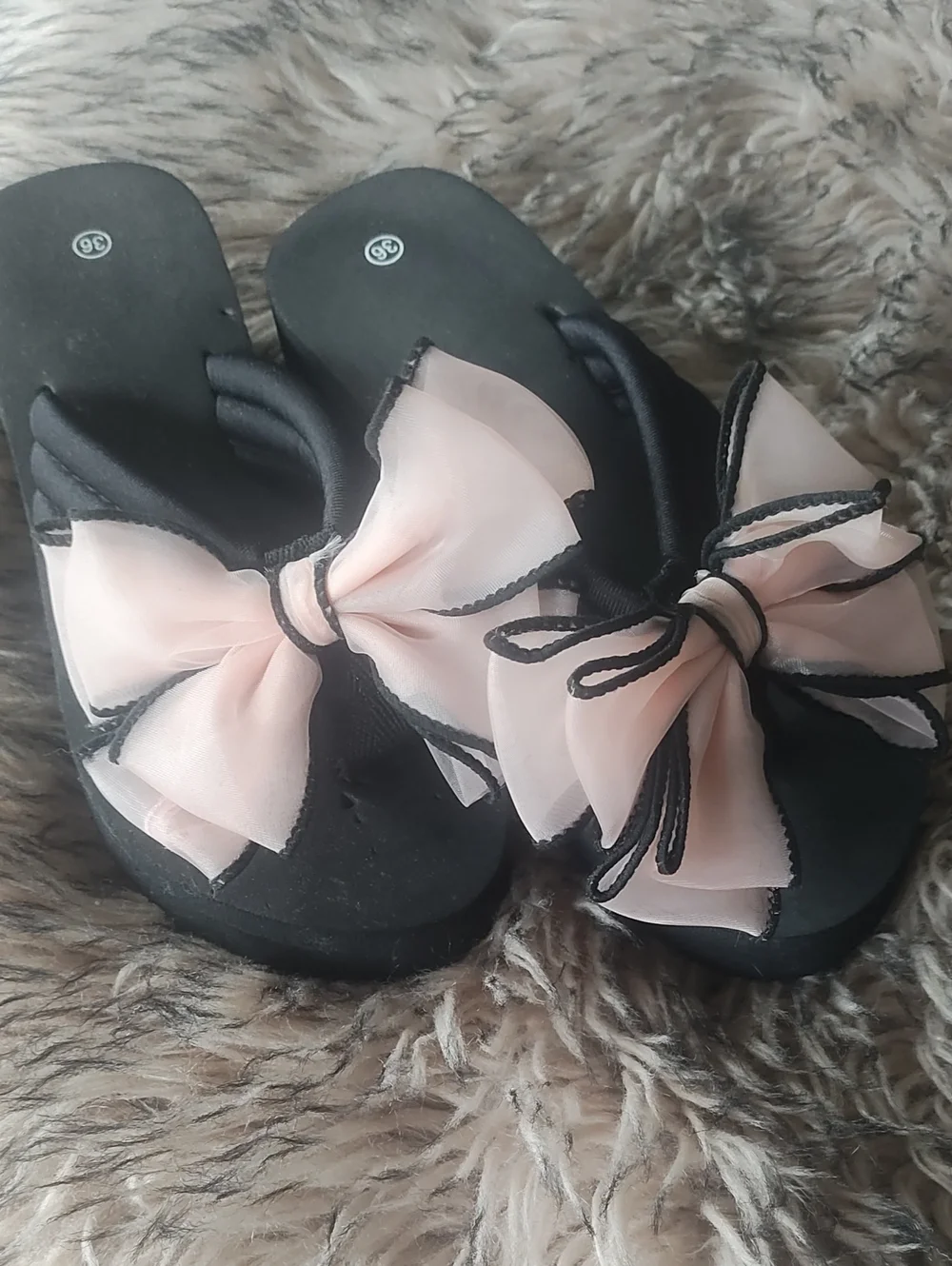 Black Slide Sandals with Pink Bow Accent